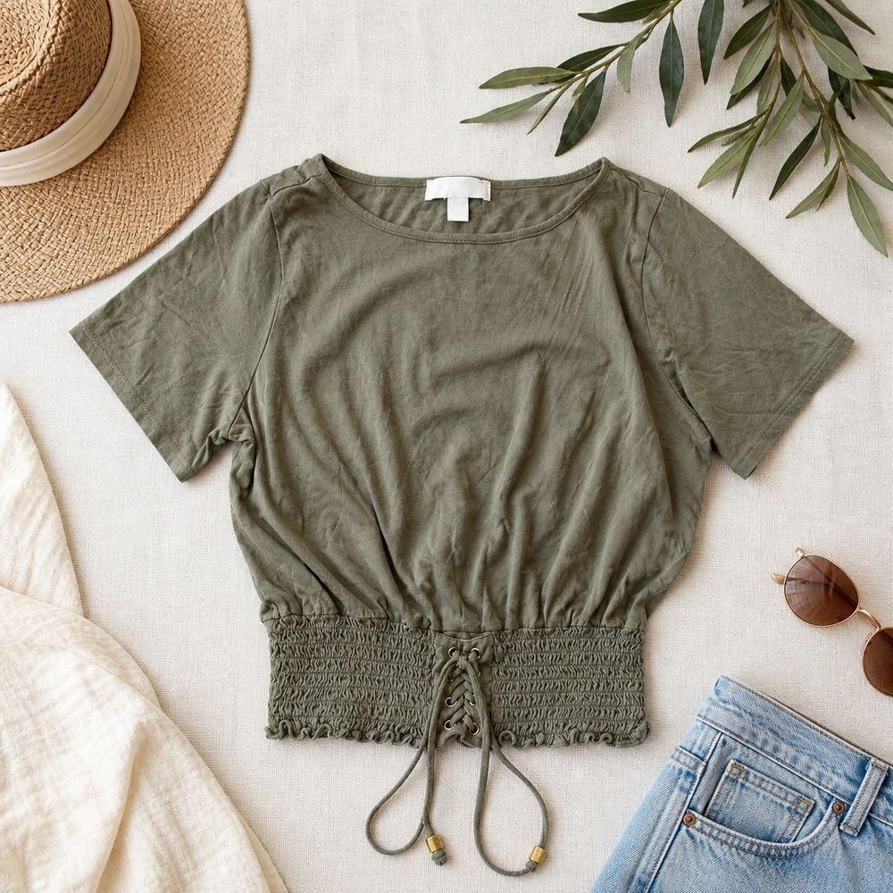 Michael Michael Kors Olive Green Smocked Lace Up Waist Blouson Top Womens Small